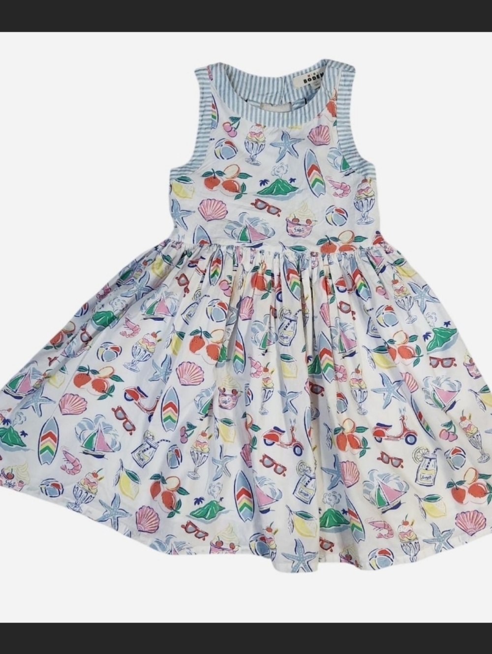 Mini Boden Girls 7-8Y Cream Harlow Back Detail Holiday Dress Postcard Print EUC